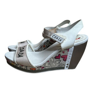 Rare Fun Coach White Printed Wedge Platform Leather Sandals Size 10 B